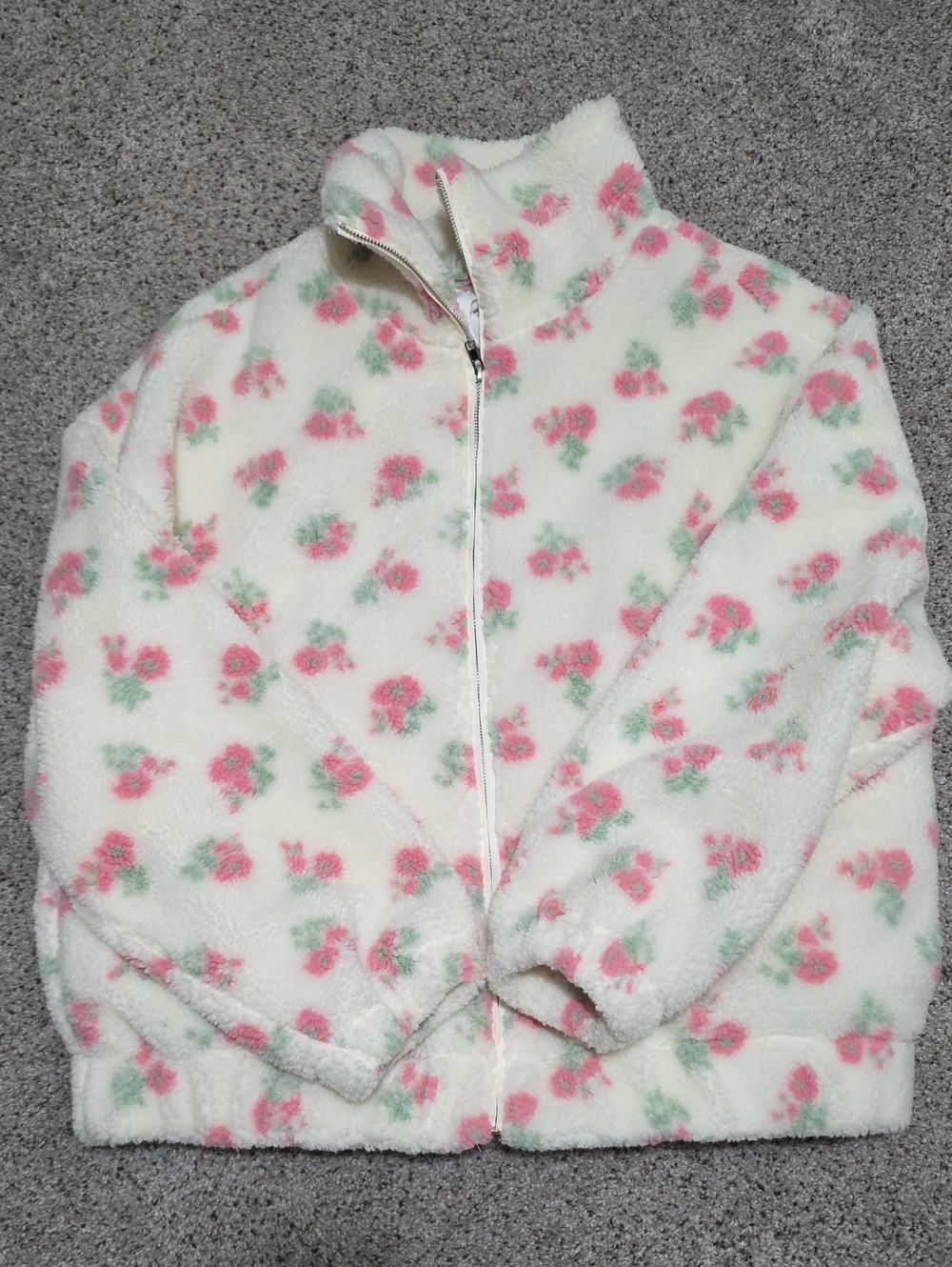 Women's Brunette The Label Cream Sherpa Puffer with Pink Floral Print
